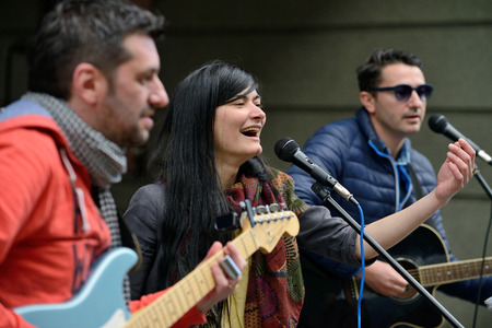 VILNIUS LITHUANIA  MAY 16: Unidentified musician sings in Street Music Day on May 16 2015 in Vilnius. Its a most popular event on May in Vilnius Lithuaniaのeditorial素材