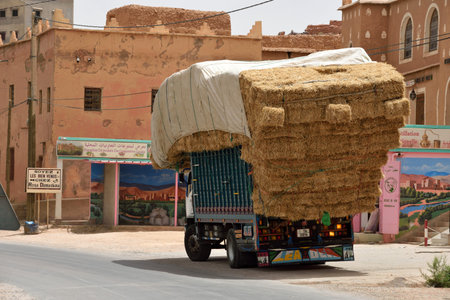 MOROCCO - AUGUST 02: Overloaded truck staying on road, August 02, 2015 in Atlas Mountains, Morocco. Road in Atlas Mountains very popular tourist route in central Morocco.のeditorial素材