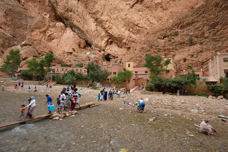 TODRA, MOROCCO - AUGUST 02: Unidentified people in a canyon in Morocco, August 02, 2015. Todra Gorge is a canyon in the High Atlas Mountains in Morocco, near the town of Tinerhir.のeditorial素材