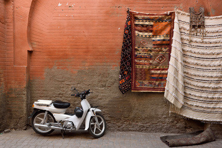 MARRAKESH - AUGUST 08: carpets for sale in the Jemaa el-Fnaa Square on August 08, 2015 in a Marrakesh, Morocco. The square is part of the UNESCO World Heritage.のeditorial素材