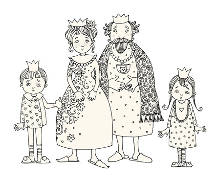 King and Queen with kids. Hand drawn illustrationのイラスト素材