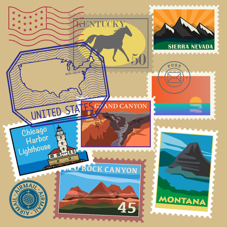 United State vintage post stamps set, vector illustrationのイラスト素材