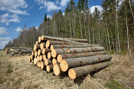 Pile of logs on meadow in forest, North Lithuania