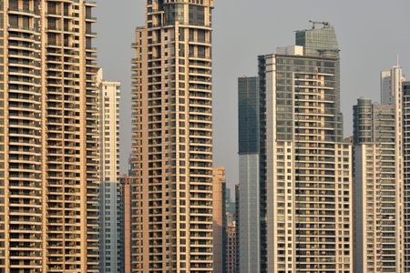 Pudong district skyscrapers in Shanghai, China. Pudong is a district of Shanghai, located east of...