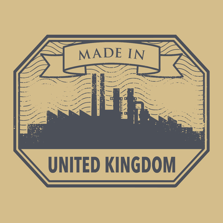 Abstract grunge stamp with industrial skyline and text Made in United Kingdomのイラスト素材