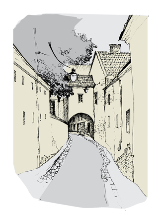 Architecture of old town, hand drawn sketch, vector illustrationのイラスト素材