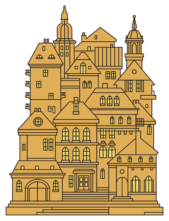 Old buildings in old city. Cityscape - houses, buildings. Old city view. Medieval european castle landscape, vector illustrationのイラスト素材