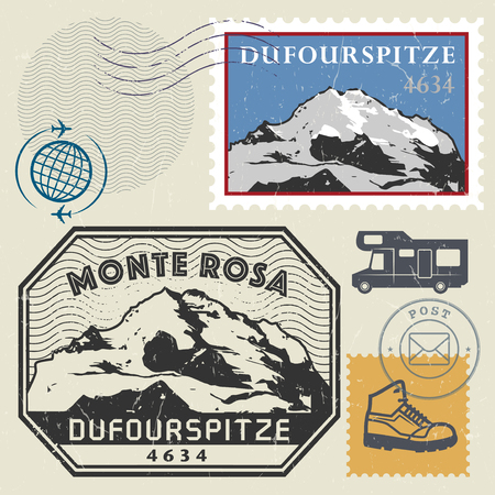 Post stamp set with the Dufourspitze, second-highest mountain of the Alps and Europe, Adventure outdoor, Expedition mountain, vector illustrationのイラスト素材