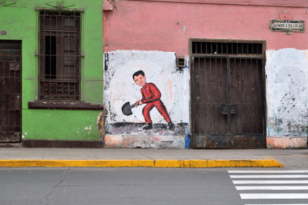 LIMA, PERU - August 24, 2016: Painting on wall, street of Lima, Peru on August 24, 2016. Lima is capital city of Peru, South America.のeditorial素材