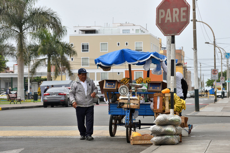 LIMA, PERU - August 24, 2016: Unidentified people in street of Lima, Peru on August 24, 2016. Lima is capital city of Peru, South America.のeditorial素材