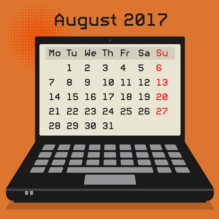 Laptop or notebook computer, business concept with 2017 Calendar, August month, vector illustrationのイラスト素材