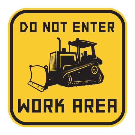 Bulldozer or grader danger sign or symbol, text Do not enter, Work area, vector illustrationのイラスト素材