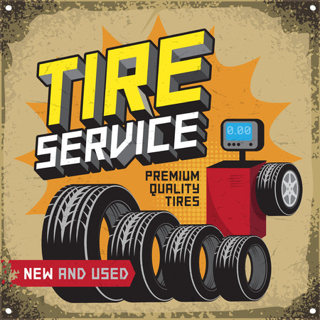 Vintage tire service or garage poster with text Tire Service, premium Quality Tires, New and Used, vector illustrationのイラスト素材