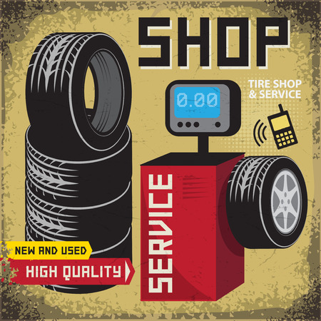 Vintage tire service or garage poster with text Tire shop and Service, High Quality, vector illustrationのイラスト素材