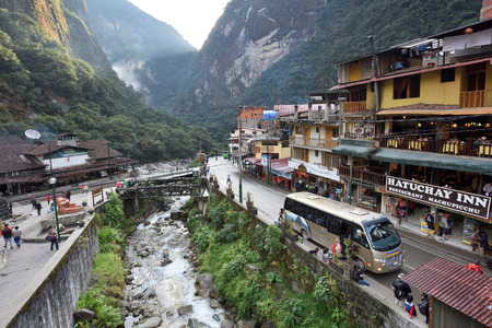 AGUAS CALIENTES, PERU - September 02, 2016: View of Machupicchu or Machupicchu Pueblo, also known as Aguas Calientes. Aguas Calientes is town on the Urubamba River in Peru, South Americaのeditorial素材