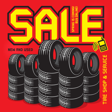 Vintage tire service or garage poster with text Sale, High Quality Tires, New and Used, vector illustration.のイラスト素材