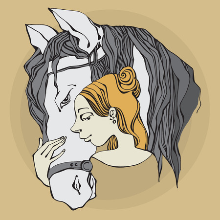 Girl and horse, hand-drawn illustration, vectorのイラスト素材