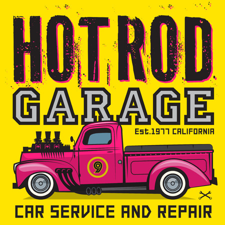Retro pickup truck poster with text Hot Rod Garage, Car service and repair. Vector illustrationのイラスト素材