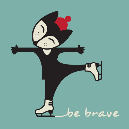 Little Fox training Ice figure skating, with text Be Brave, vector illustrationのイラスト素材