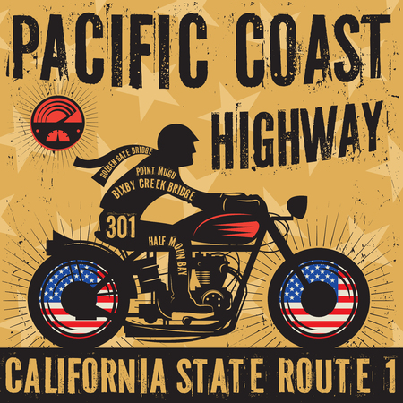 Biker riding a motorcycle poster with text Pacific Coast Highway, California. Bikers event or festival emblem. Vector illustrationのイラスト素材