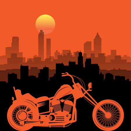Motorcycle and city skyline. Emblem of bikers club sign. Vector illustrationのイラスト素材