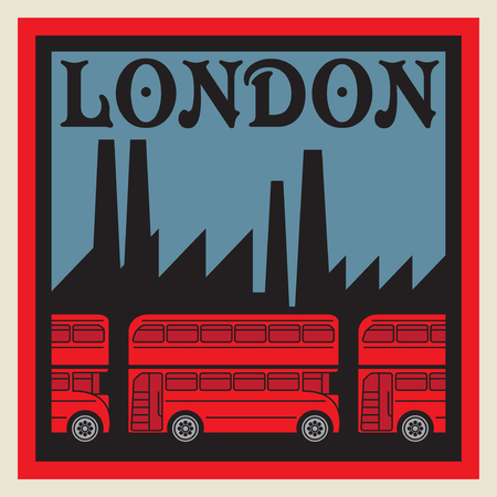 Label with text London and red Double Decker Bus. Typography, t-shirt graphics, poster, print, banner or postcard, vector illustration.のイラスト素材