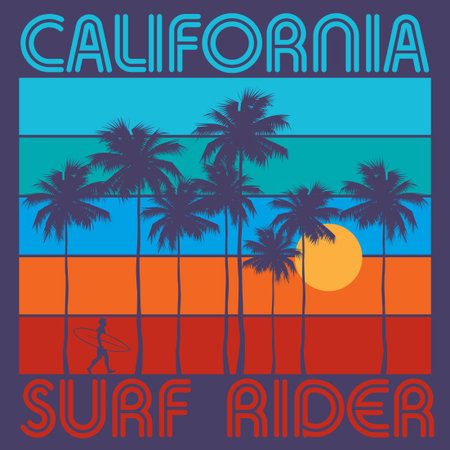 Theme of surfing with text California, Surf Rider. Typography, t-shirt graphics, poster, print, banner or postcard, vector illustrationのイラスト素材
