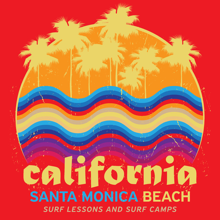 Theme of surfing with text California, Santa Monica Beach vector illustration.のイラスト素材