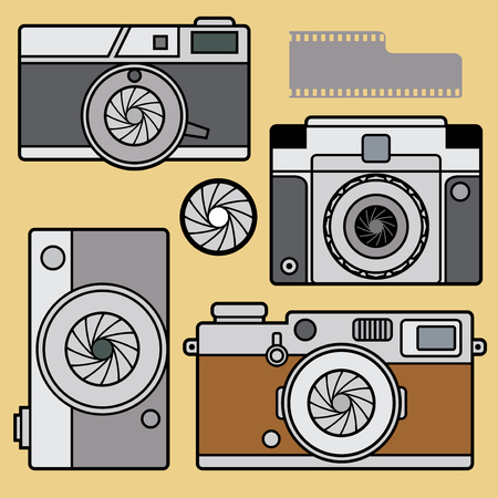 Retro vintage photo cameras set. Flat photo camera icon, optical classic camera. Digital flat photo camera silhouette, isolated. Vector illustration.のイラスト素材