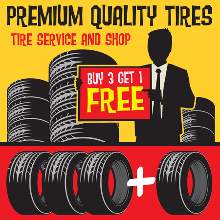 Vintage tire service or garage poster with text Tire Shop and Service, premium Quality Tires, Buy 3 get 1 Free, vector illustration.のイラスト素材