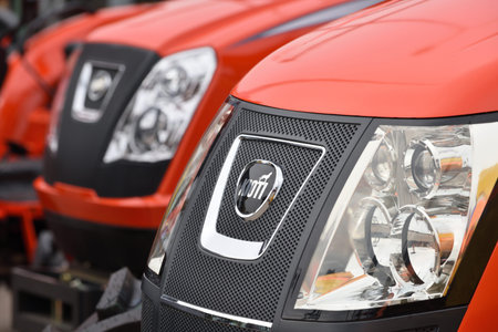 VILNIUS, LITHUANIA - APRIL 27: Kioti heavy duty equipment vehicle and logo on April 27, 2017 in Vilnius, Lithuania. Kioti Tractor s the trade name for Daedong tractors in North America and Europe.のeditorial素材