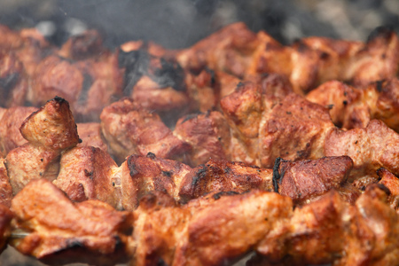 Appetizing meat roasted on skewers BBQ grill. Grilled meat. Food fair suggest delicious meat cooked on bbq.の写真素材