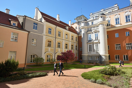 VILNIUS - MAY 16: Observatory courtyard and its tower at Vilnius University on May 16, 2017 in Vilnius, Lithuania. Vilnius University is the oldest university in the Baltic states.のeditorial素材