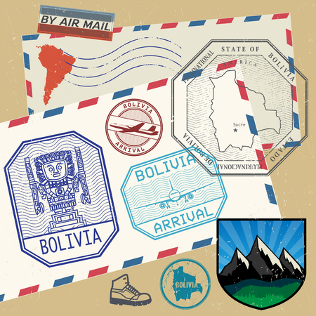 Travel stamps or symbols set Bolivia, South America theme, vector illustrationのイラスト素材