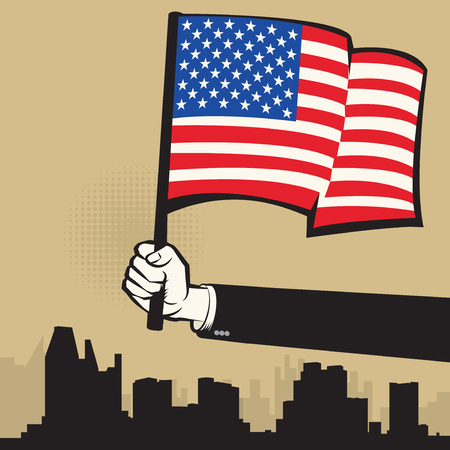Hand holding American flag. USA Flag. Vector illustration.のイラスト素材