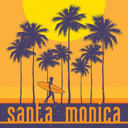 California coast, Santa Monica beach, surfer poster. Vector illustrationのイラスト素材