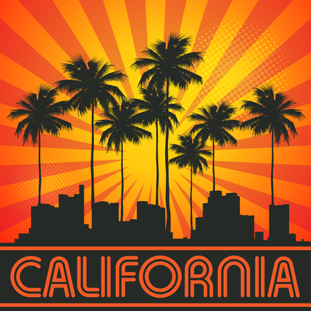 Retro illustration with city skyline and text California vector illustrationのイラスト素材