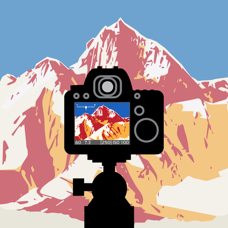DSLR reflex camera photographing with on screen live image of mountain landscape, vector illustrationのイラスト素材