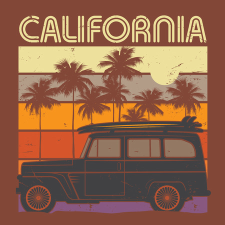 Retro illustration of old classic car poster with text California, vector illustrationのイラスト素材