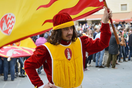 SIENA, ITALY - APRIL 28: The contrada of Valdimontone (Valley of the Ram), parade through the...
