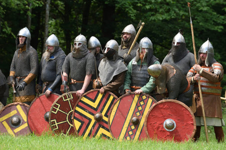 KERNAVE, LITHUANIA - JULY 6: Unidentified people in a Medieval fights at International Festival of...