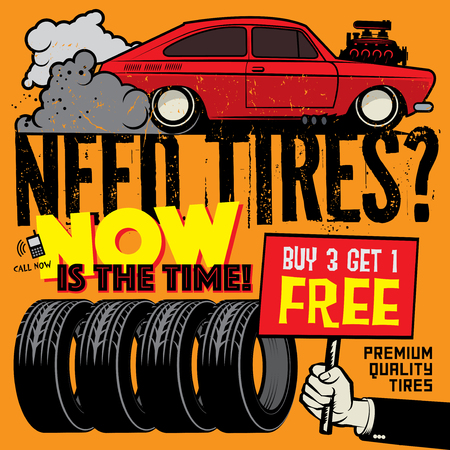 Vintage tire service or garage poster with text Buy 3 get 1 Free, Premium Quality Tires, vector illustrationのイラスト素材