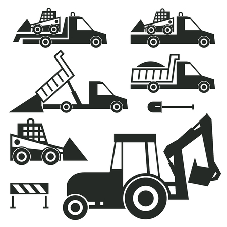 Construction trucks and tractor icons or signs set isolated on white background. Construction transportation silhouette, vector illustration.のイラスト素材