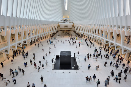 NEW YORK CITY - AUGUST 23: interior of the WTC Transportation Hub on August 23, 2017 in New York City, USA. The main station house, the Oculus, opened on March 4, 2016, and the terminal was renamed the WTC Transportation Hub.のeditorial素材