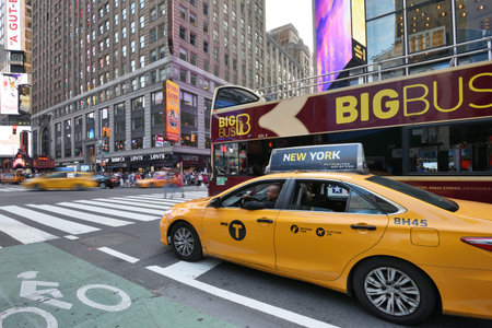 NEW YORK CITY, USA - AUG. 25 : Yellow taxis on street in Manhattan on August 25, 2017 in New York...