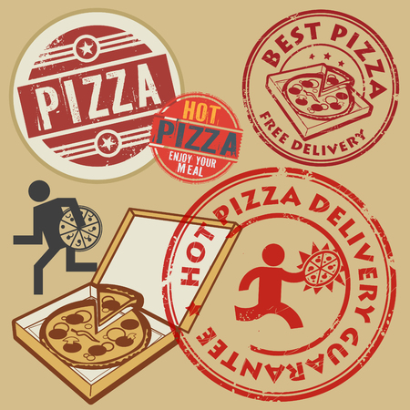 Abstract grunge rubber stamps or labels set pizza delivery theme, written inside, vector illustrationのイラスト素材