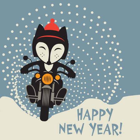 Fox biker riding a motorcycle. Bikers event or festival emblem - text Happy New Year. Vector illustrationのイラスト素材