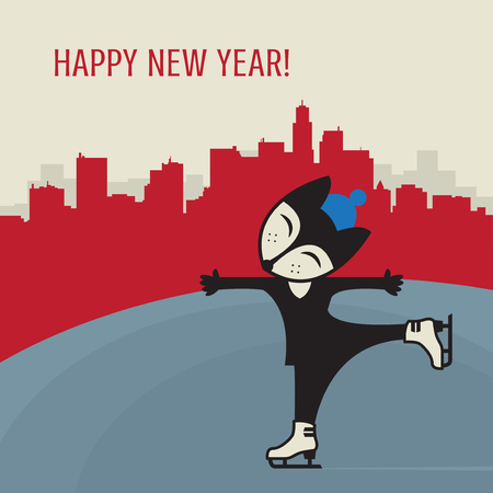 Little fox training ice figure skating with text Happy New Year, vector illustrationのイラスト素材