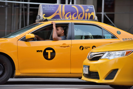 NEW YORK CITY, USA - AUG. 28: Yellow taxis on street in Manhattan on August 28, 2017 in New York...