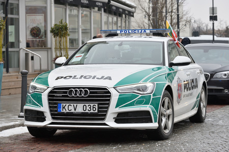 Vilnius, Lithuania - February 16: Police Audi A6 car Parked In Old Town of Vilnius on February 16, 2018. Vilnius is the capital of Lithuania and its largest city.のeditorial素材